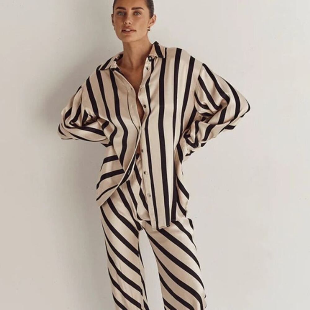 Dissh Pippa Stone Satin Silk Striped Button-Up Shirt Women US6 Long Sleeve Tunic